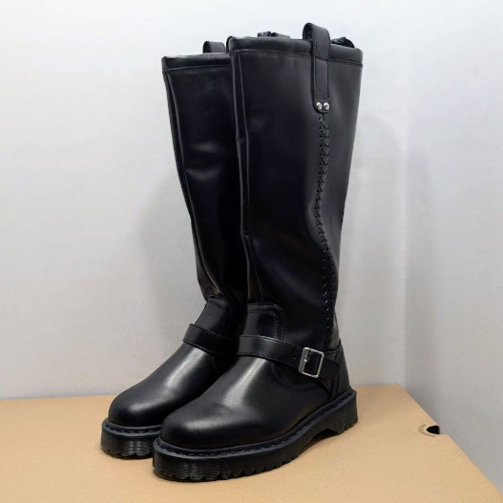 Dr. Martens Anistone Knee High Black Orleans Leather Biker Boots UK 8 NIB